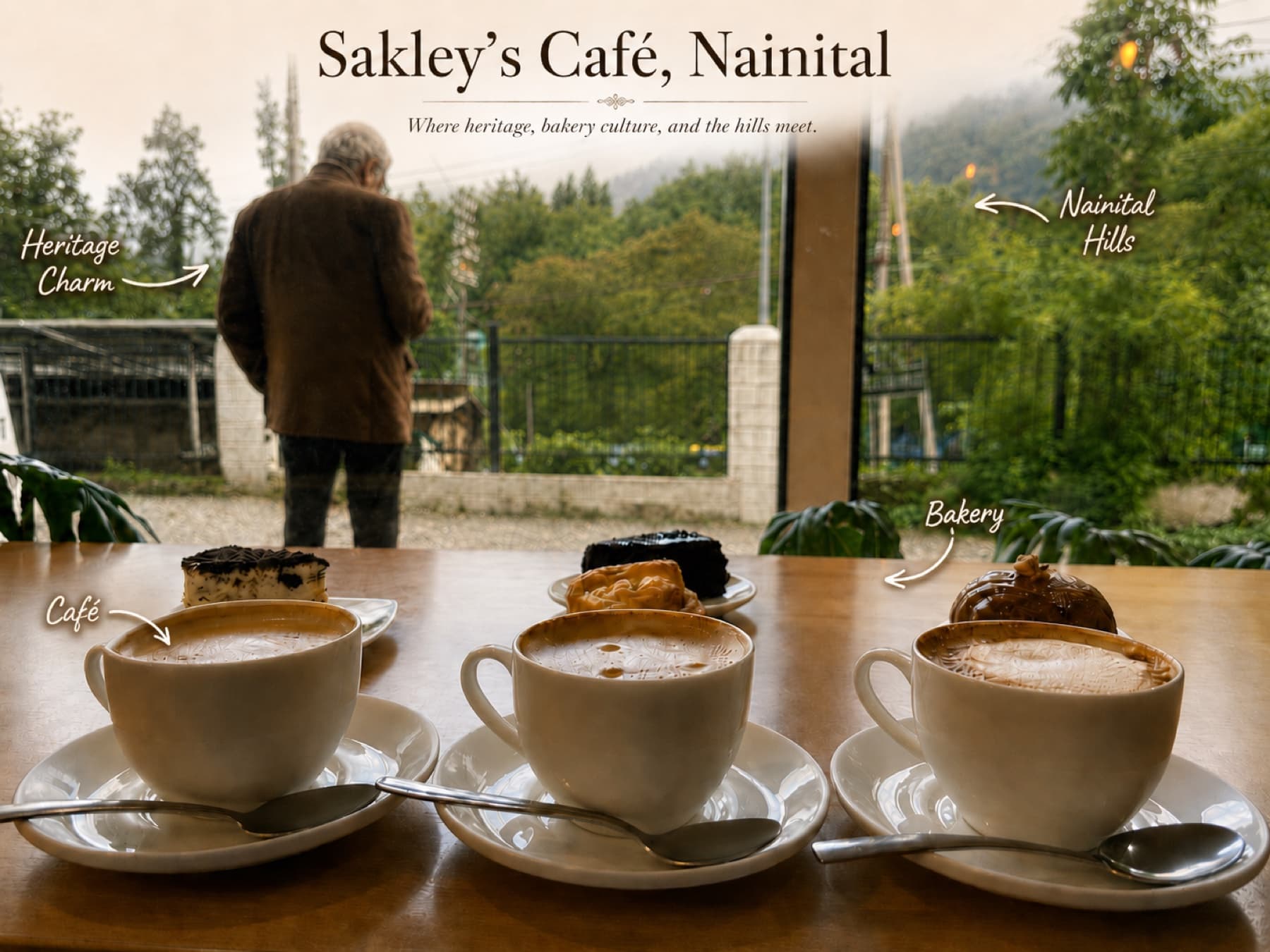Coffee and cakes at Sakley's Cafe with an elderly gentleman and the Nainital hills beyond the window