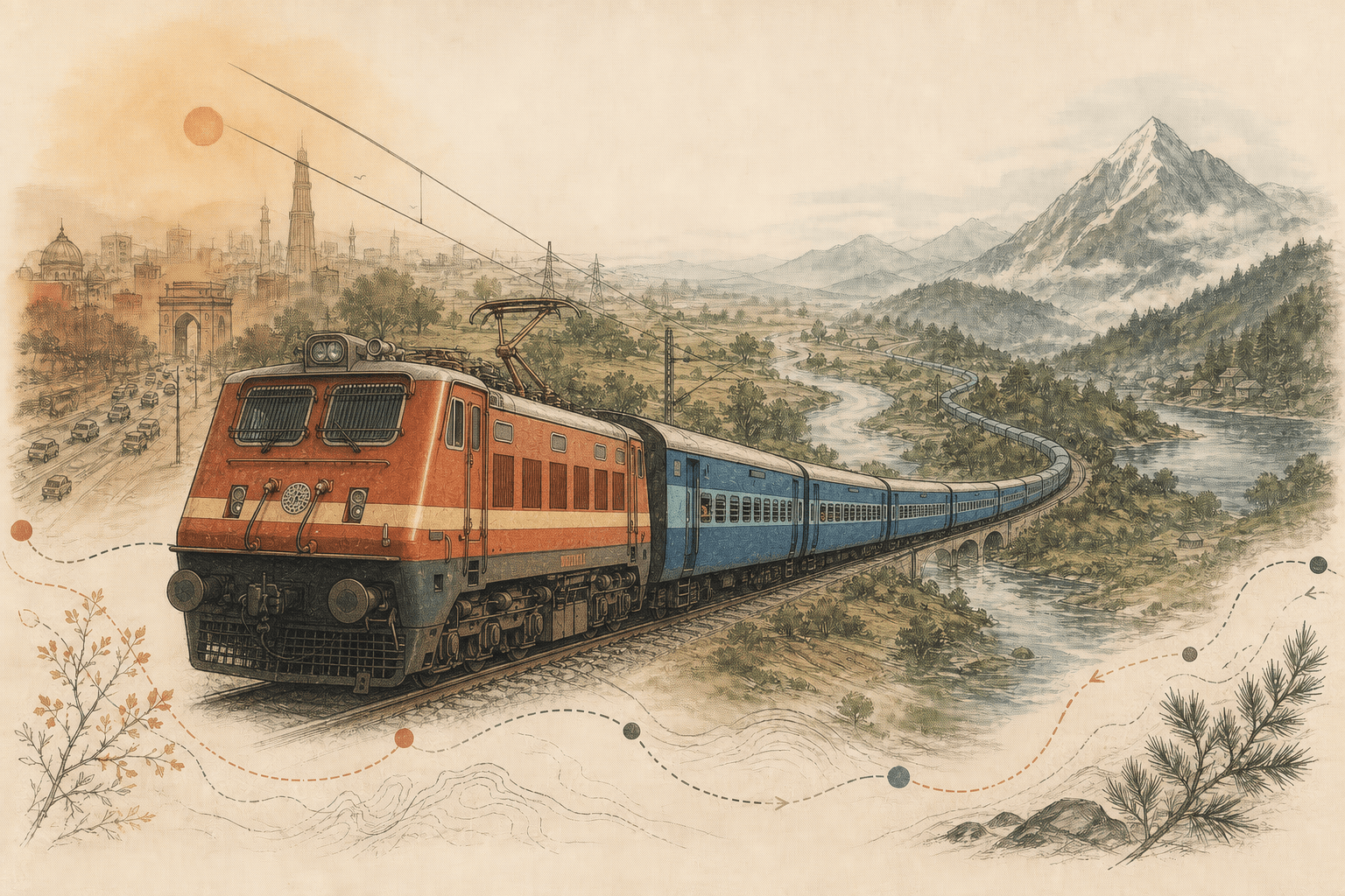 Hand-drawn Indian electric passenger train travelling from Delhi haze towards rivers, lakes, and the Kumaon mountains