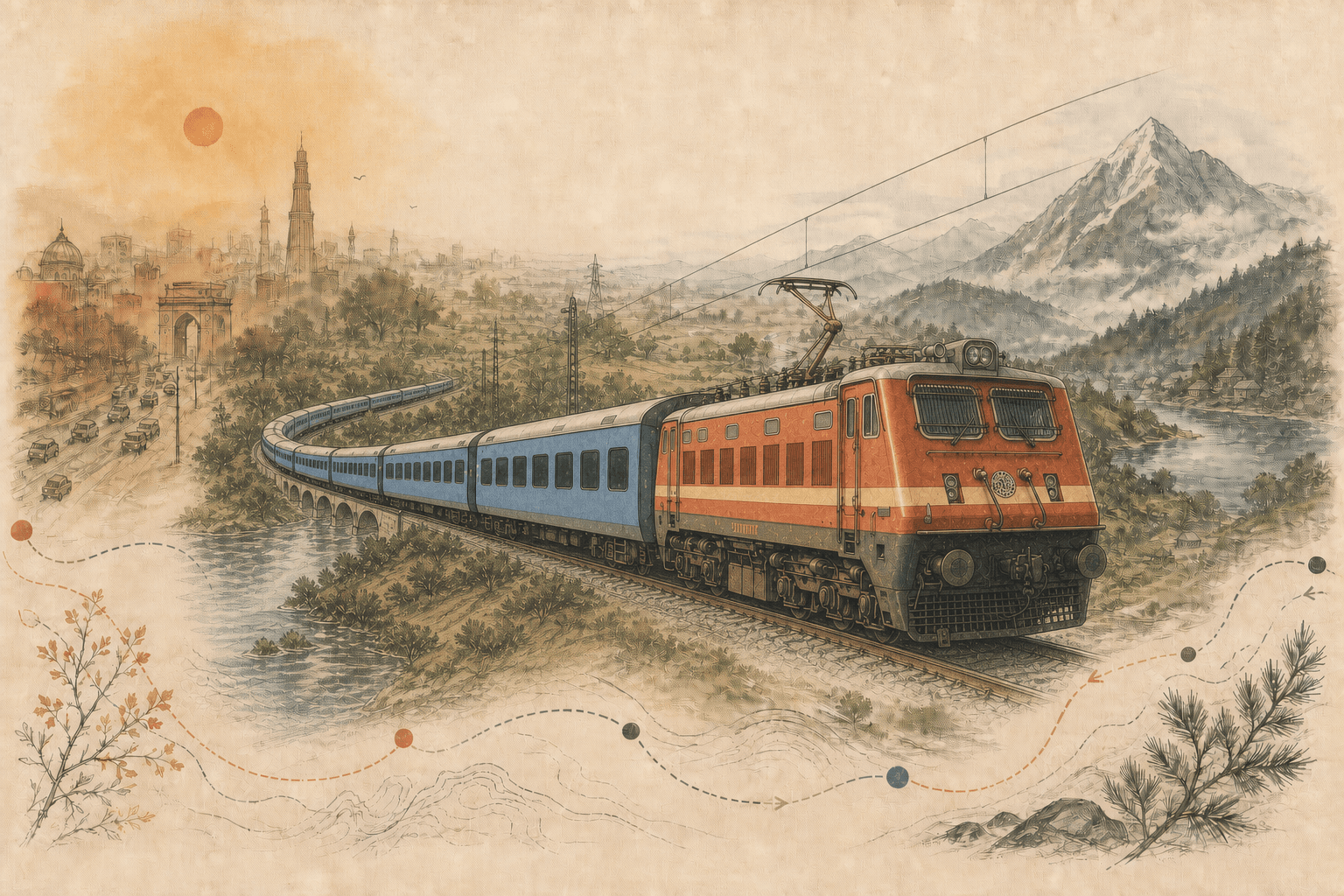 Hand-drawn Kathgodam Shatabdi with sealed AC chair-car coaches travelling from Delhi haze towards rivers, lakes, and the Kumaon mountains