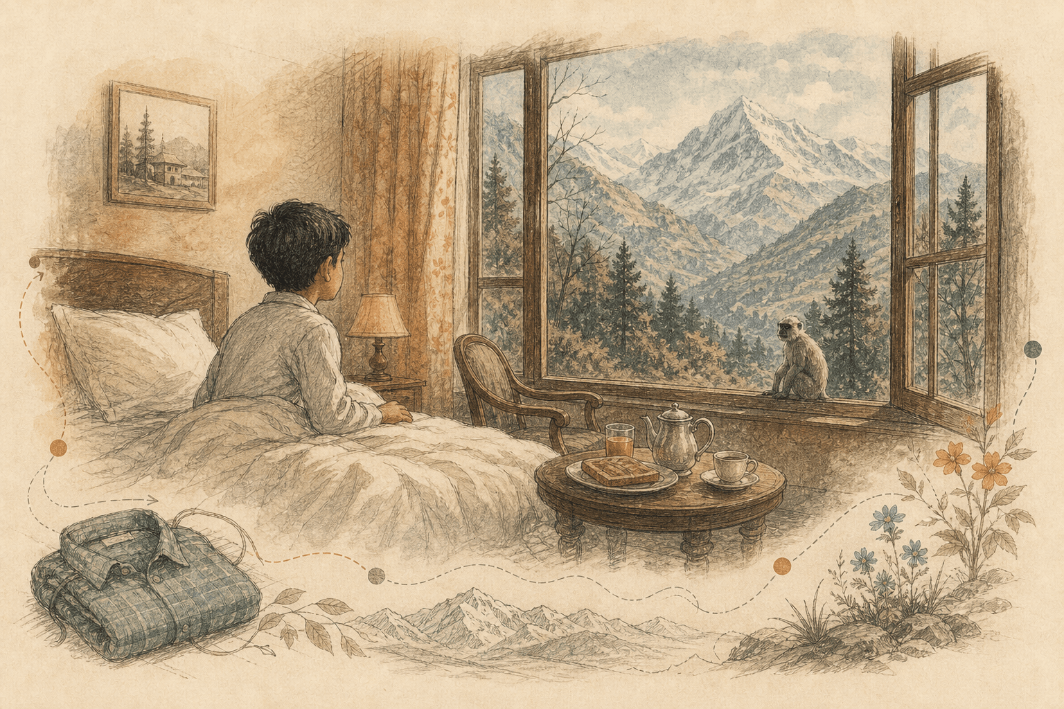 Hand-drawn schoolboy waking in a comfortable guest-house room and looking towards cold mountains and a langur outside