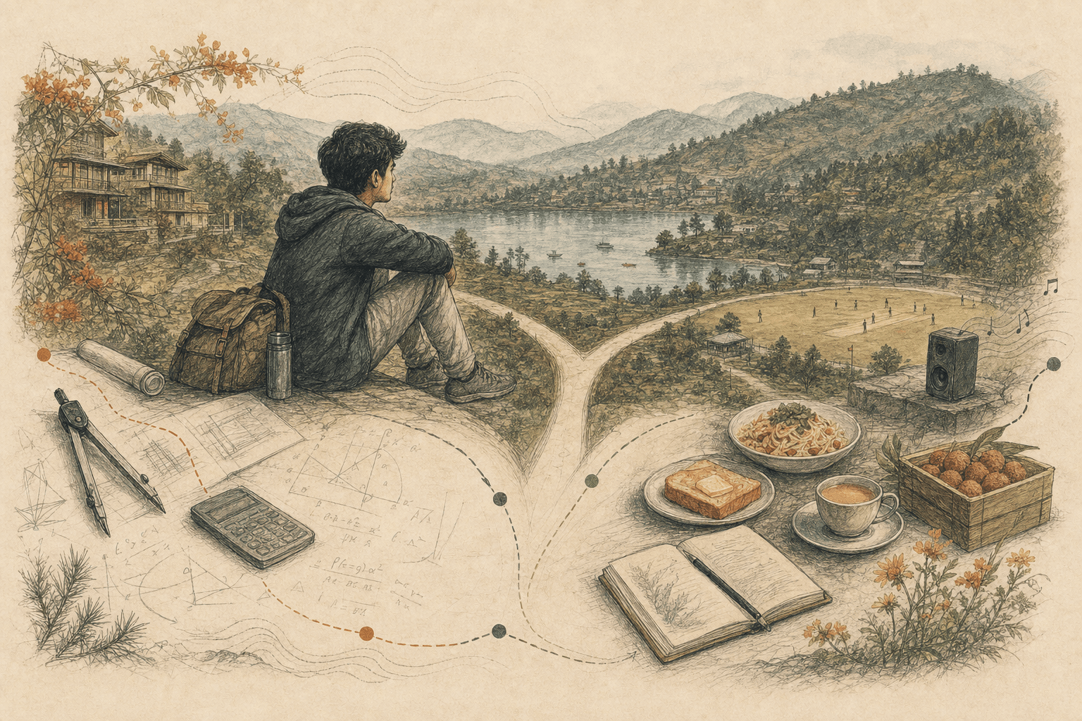Hand-drawn student overlooking Khurpatal where a path divides between engineering plans and learning through work