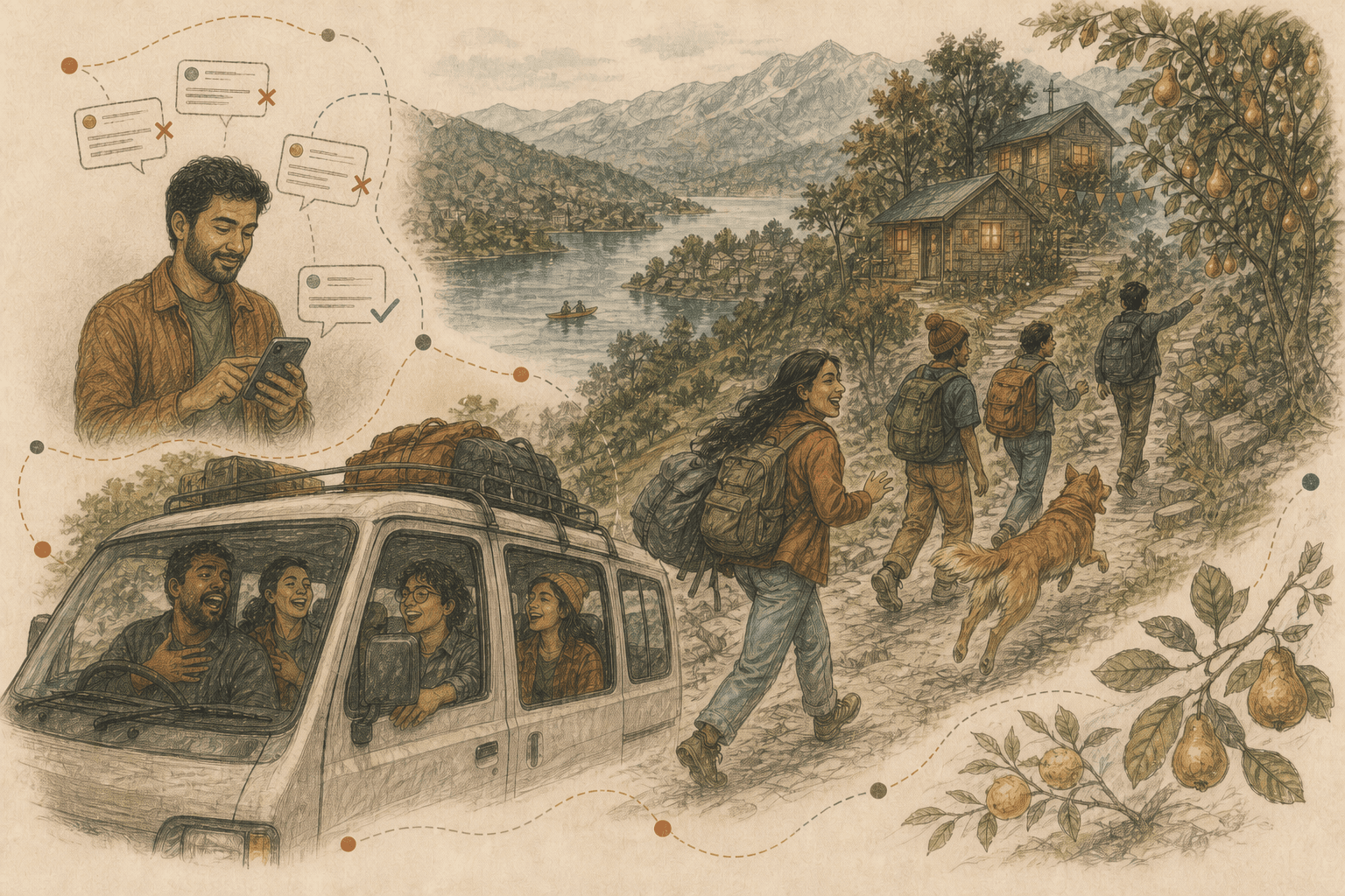 Hand-drawn host replying to a lodging request as friends arrive at wooden cabins above Bhimtal and trek with a dog