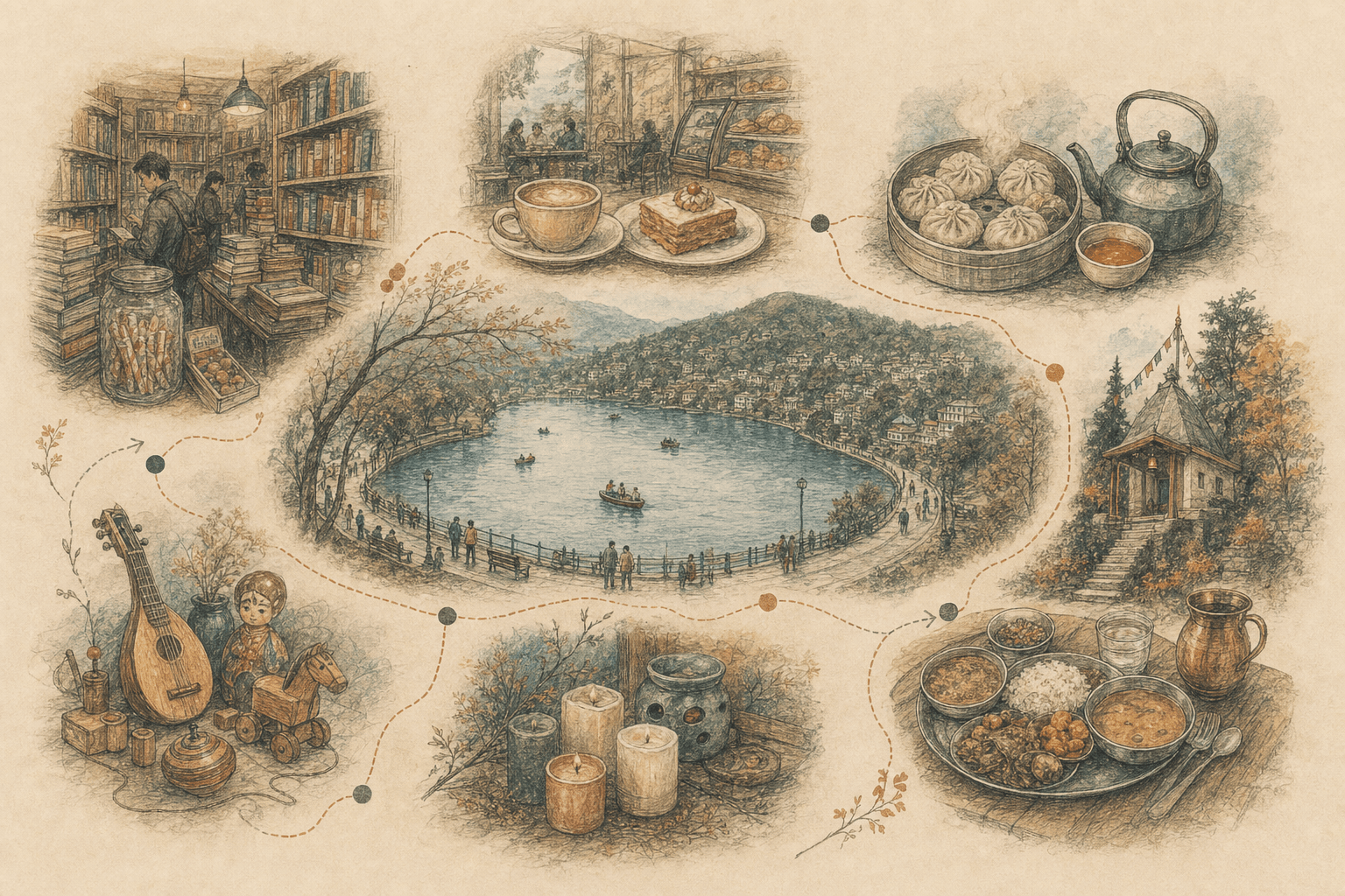 Hand-drawn memory map of Nainital connecting its lake, bookshop, bakery, momos, tea, toys, candles, temple, and local food