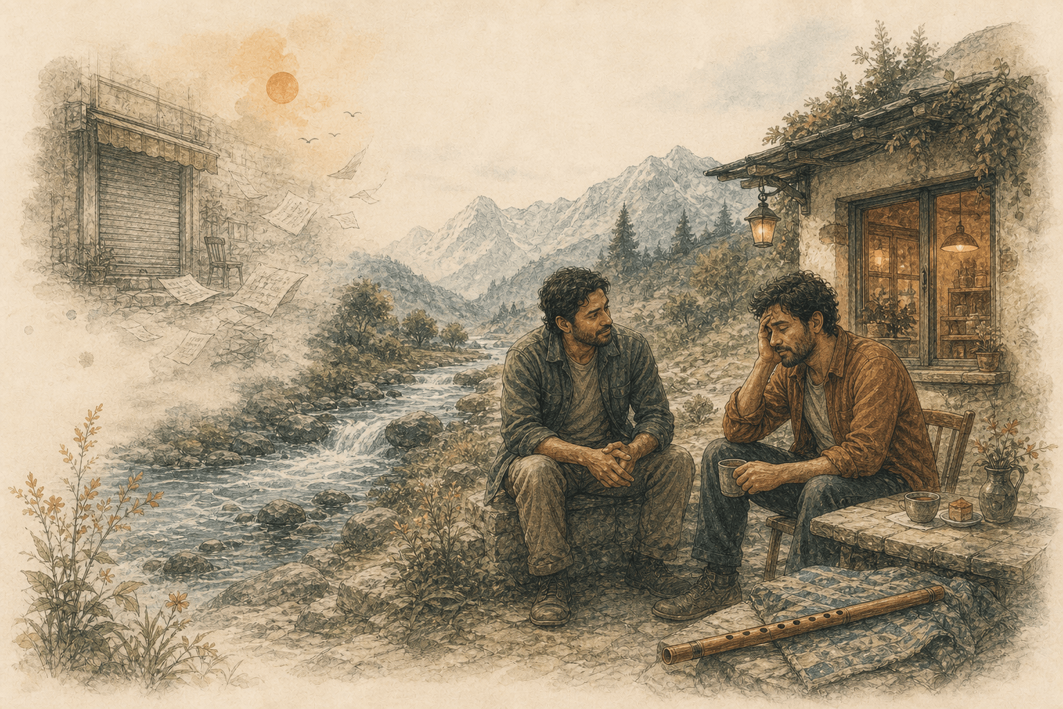 Hand-drawn friends talking beside a mountain river as restaurant accounts fade into mist and a flute rests nearby