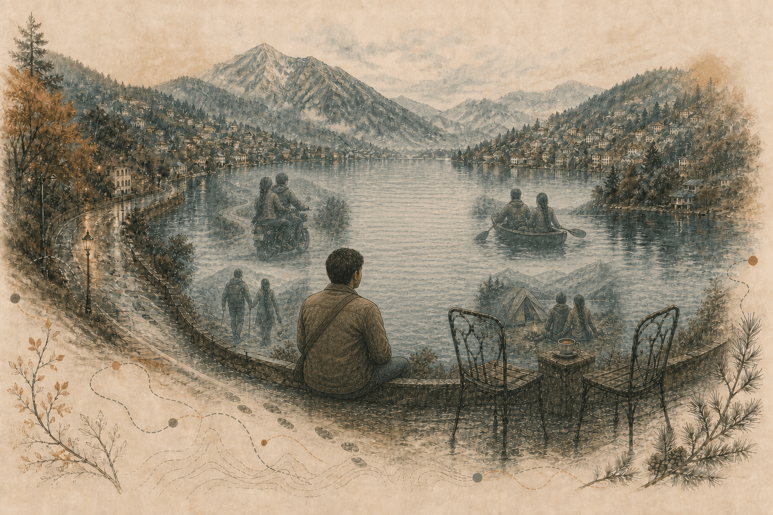 Hand-drawn narrator sitting beside Naini Lake as faceless memories of a couple riding, kayaking, trekking, and camping drift across the water