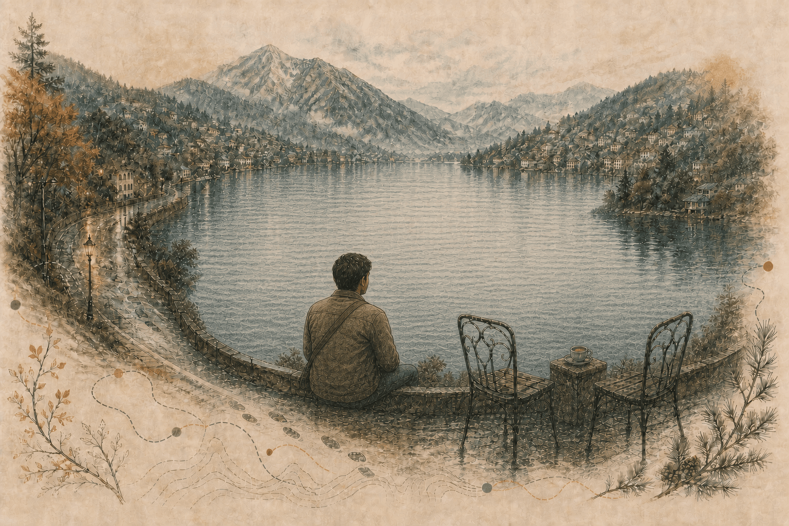 Hand-drawn narrator sitting quietly beside Naini Lake, looking across calm water towards the mountain town