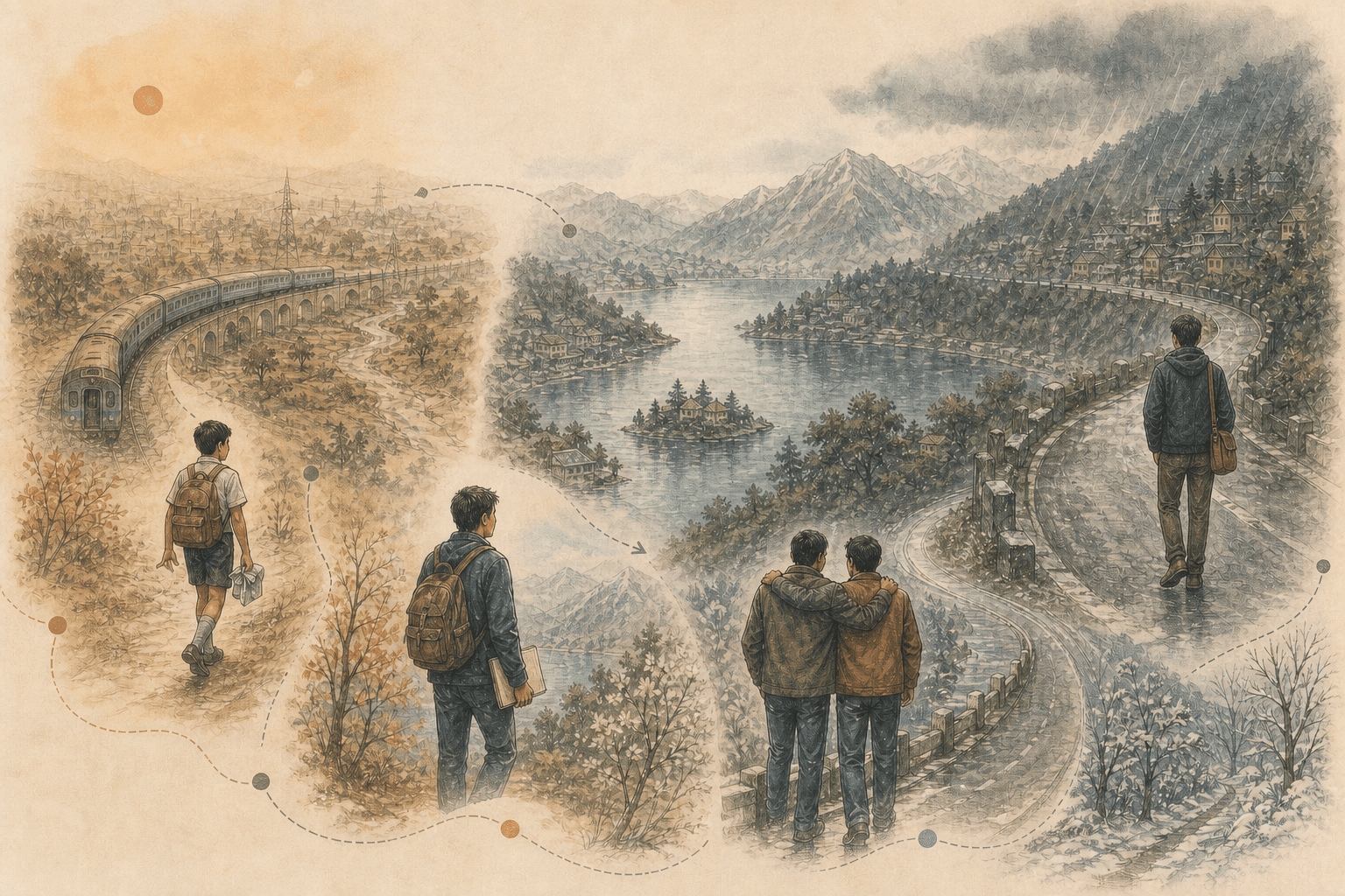 Hand-drawn young traveller returning to the same lake and mountain road through different stages and changing seasons