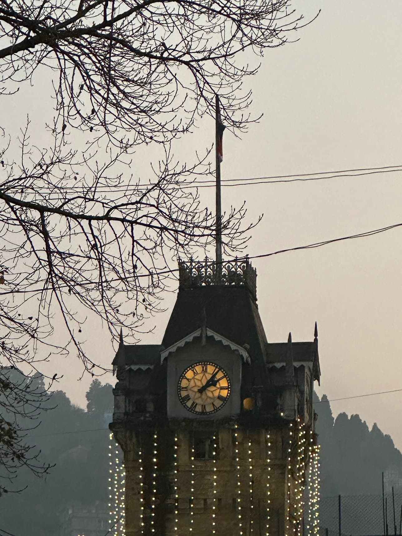 Darjeeling clock tower framed by winter branches