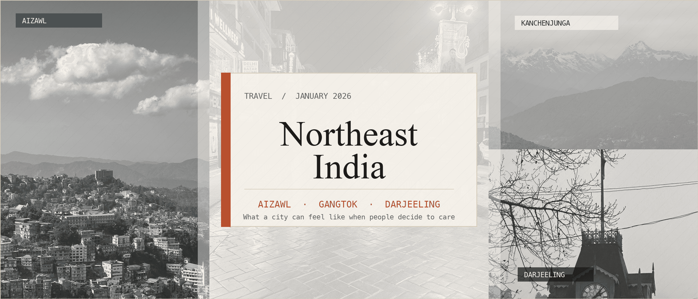 Graphic travel cover for Northeast India with Aizawl, Gangtok, and Darjeeling photo panels