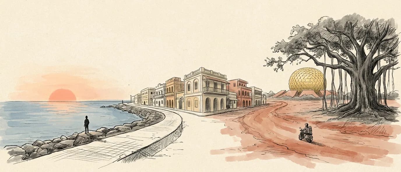 Hand-drawn journey from a Rock Beach sunrise through White Town to the red roads, banyan tree, and Matrimandir of Auroville