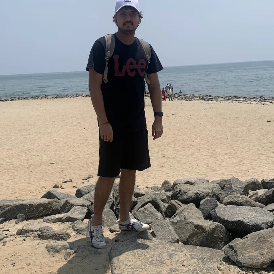 Aanand standing on the rocks beside the beach during his first hour in Pondicherry