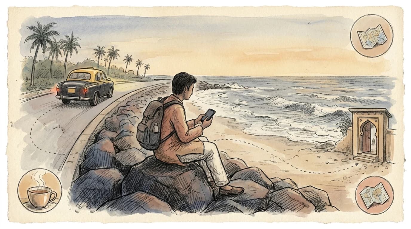 Illustrated memory of sitting by Rock Beach as a timely payment made staying in Pondicherry possible