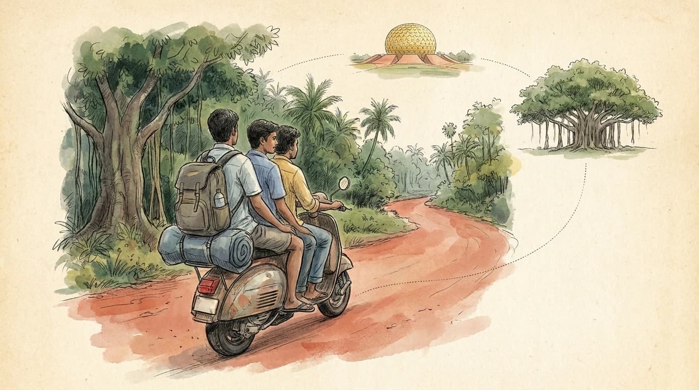 Illustration of three travellers riding one scooter through Auroville with all of Aanand's luggage