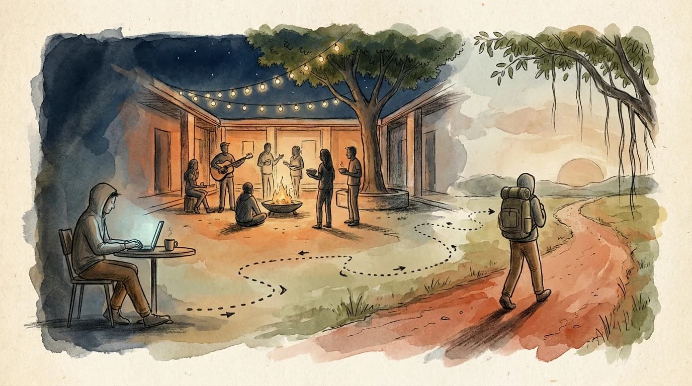 Illustrated path from a lively hostel night to a traveller continuing alone