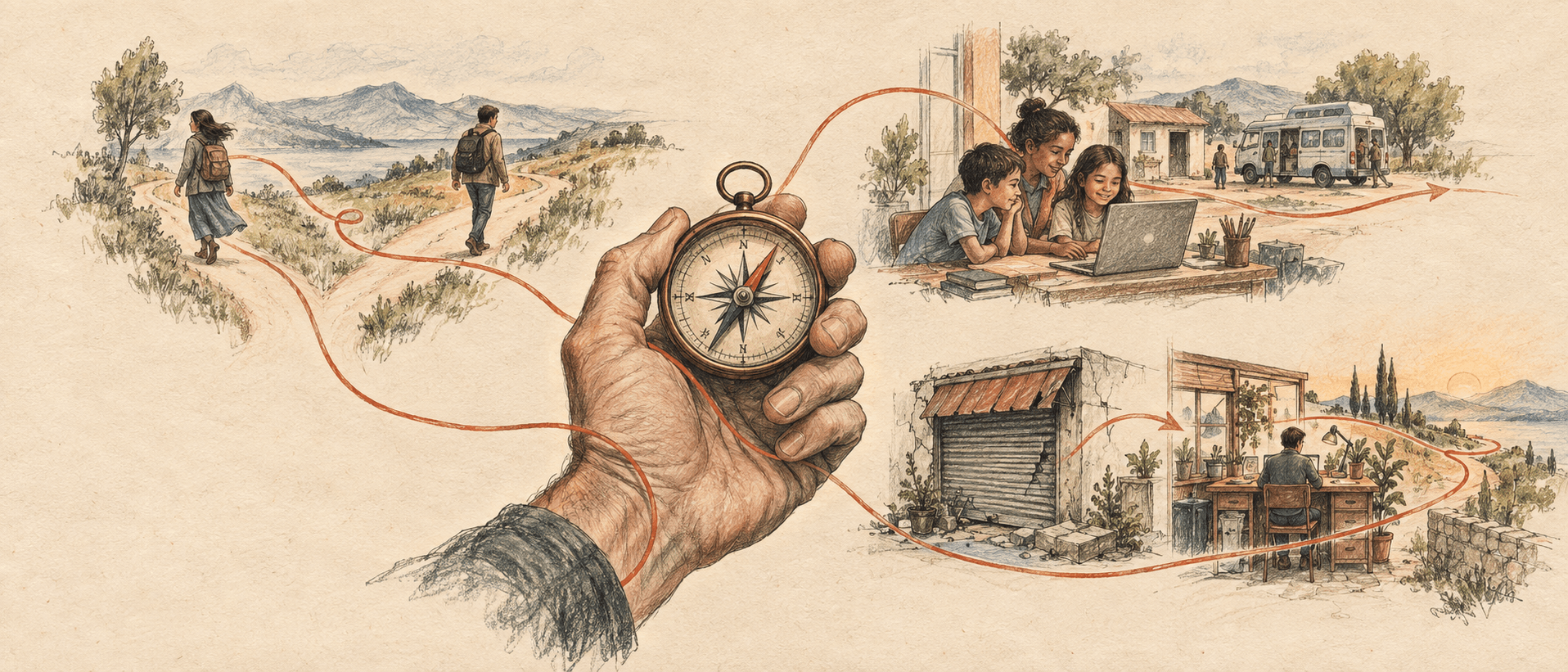 A hand-drawn compass and terracotta path connecting scenes of love, friendship, service, and purposeful work