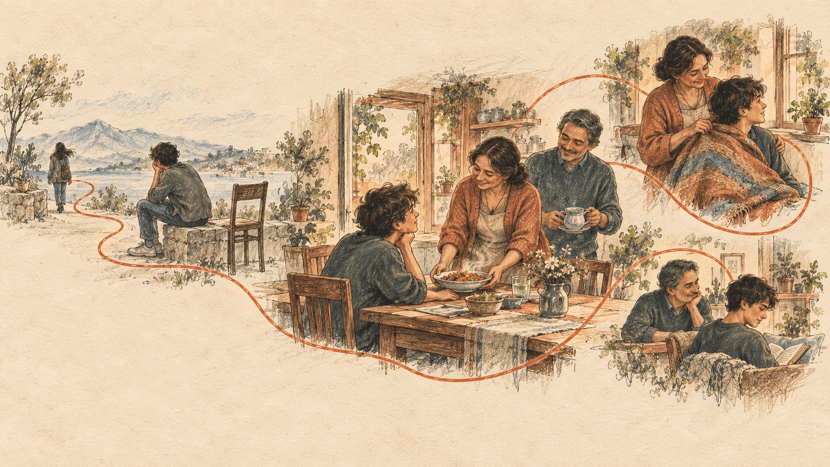A young man after heartbreak noticing the quiet care of his parents around him