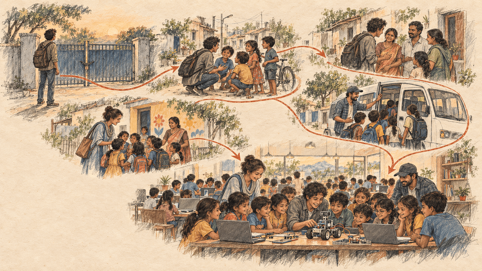 A connected journey from closed schools and neighbourhood outreach to an anganwadi, transport, and a robotics workshop for children