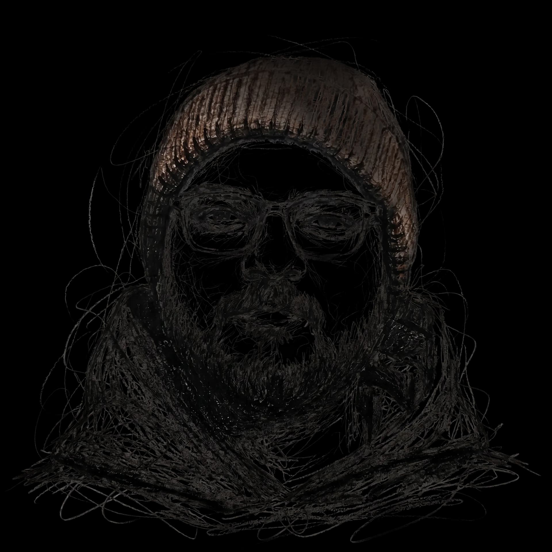 The original ink-drawn Aanand Madhav mascot, wearing glasses and a beanie