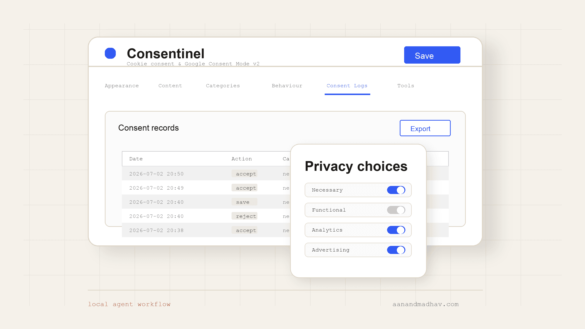 Editorial cover showing Consentinel consent logs and privacy banner UI