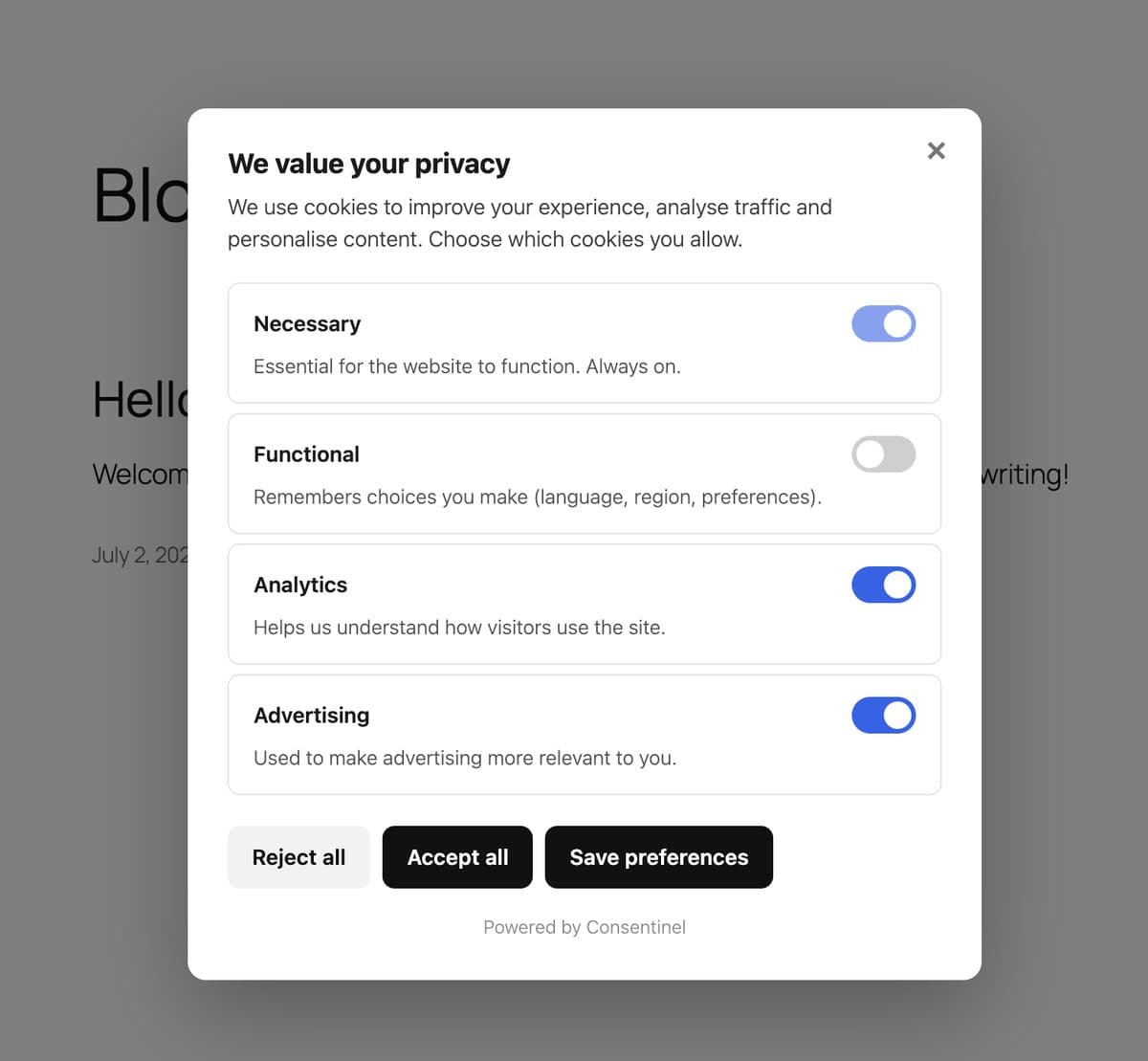 Consentinel cookie preference modal on a WordPress test site