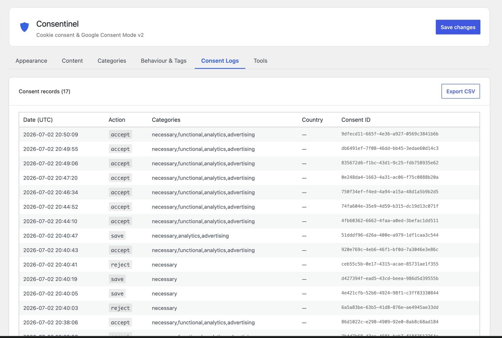 Consentinel consent log table showing accept, save, and reject records