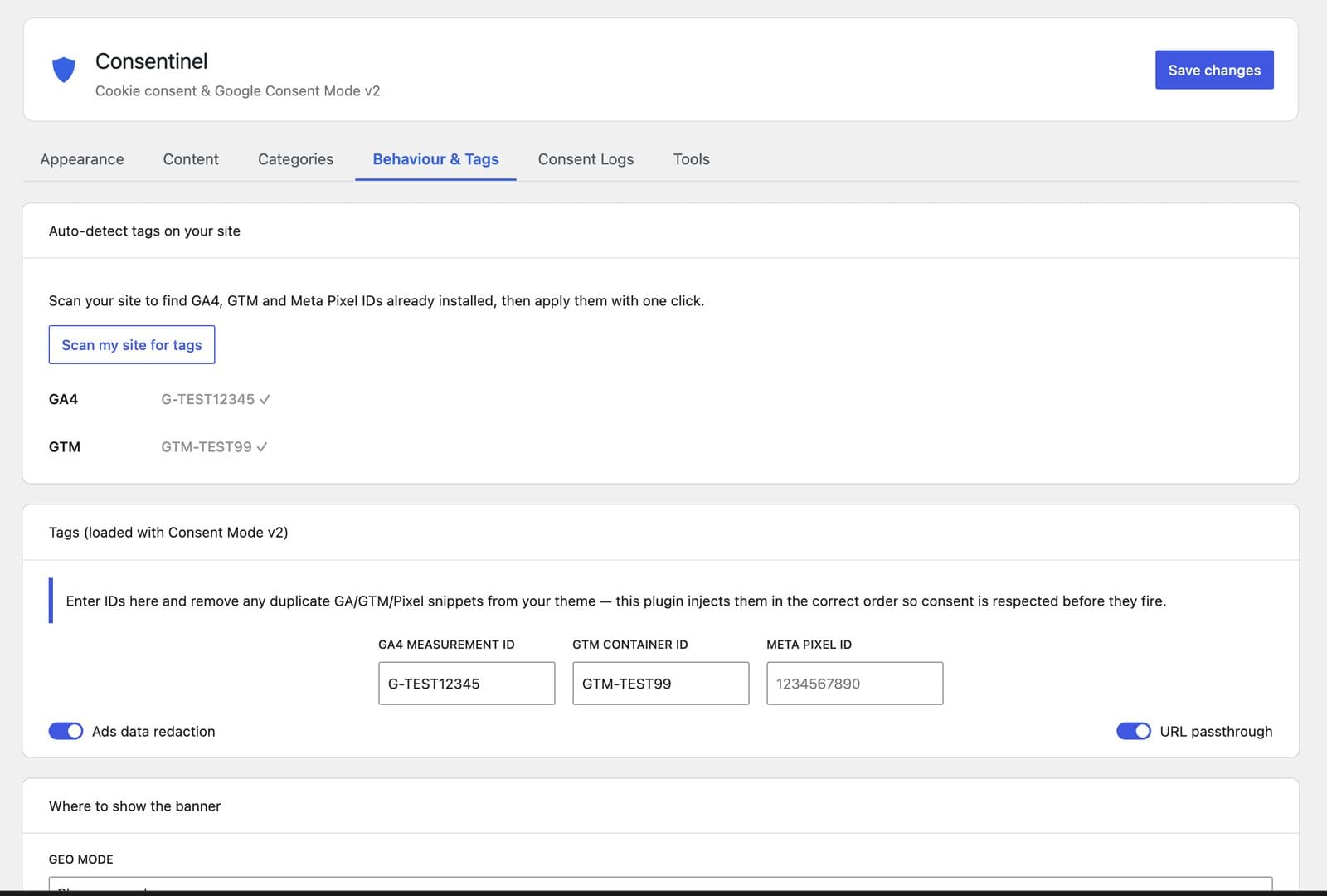 Consentinel Behaviour and Tags settings showing GA4, GTM, Meta Pixel, ads data redaction, and URL passthrough