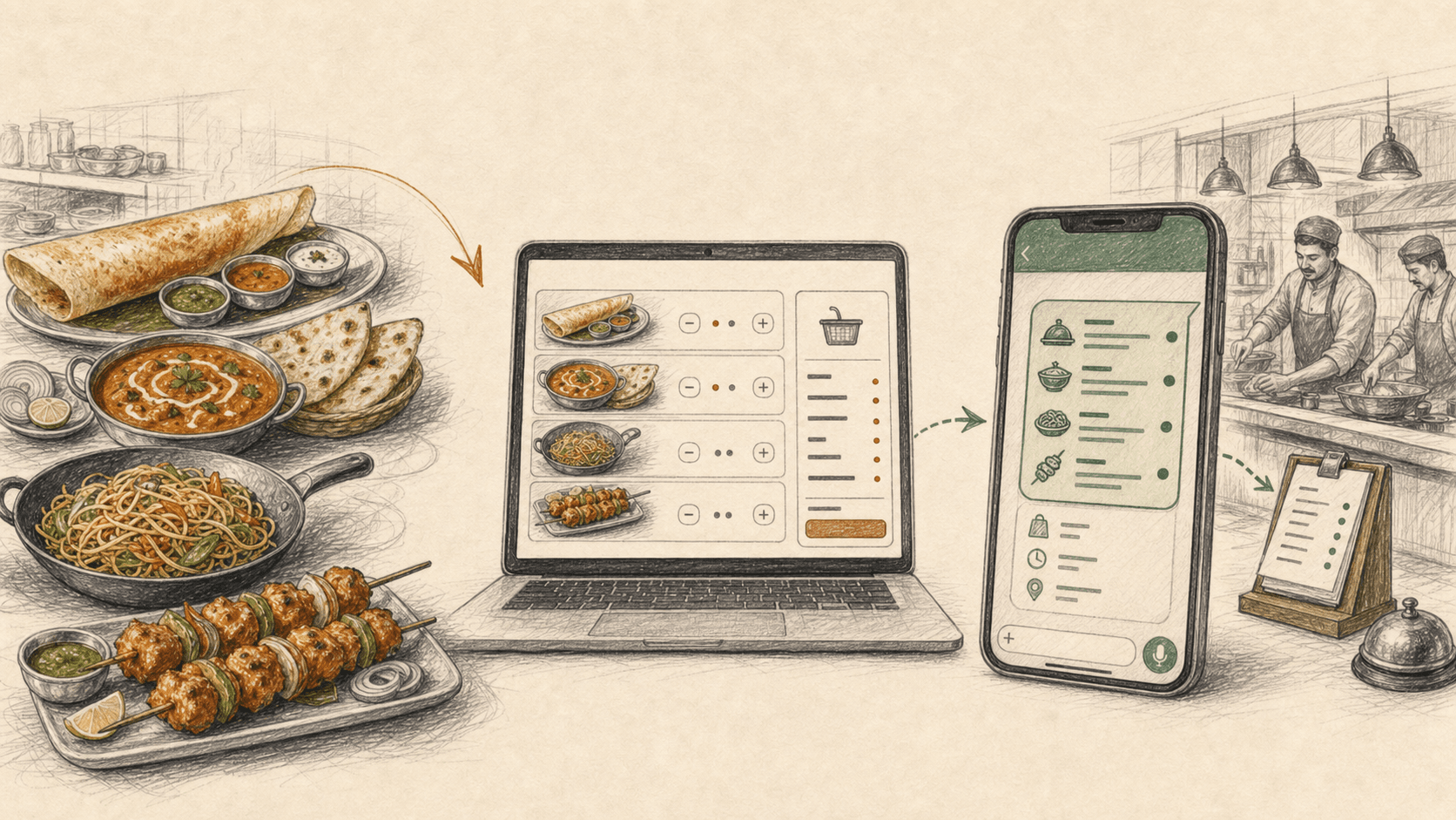 Hand-drawn illustration of four cuisines flowing into a browser cart, a structured mobile message, and a neighbourhood restaurant kitchen
