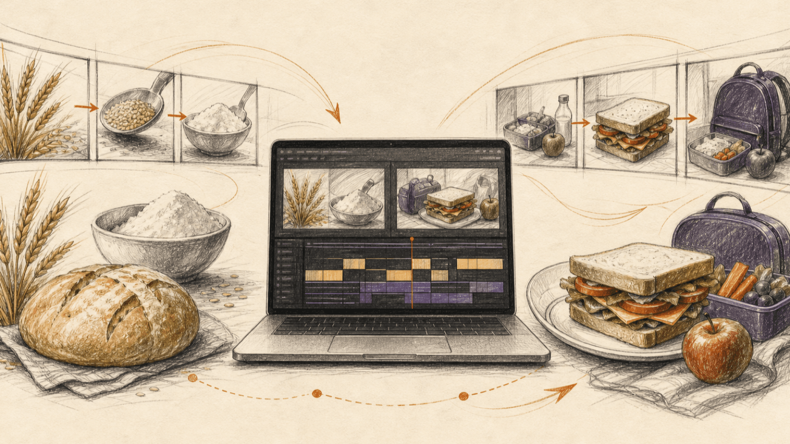 Editorial illustration of an AI video editing workspace connecting wheat, bread, and a school lunch sandwich through storyboard frames
