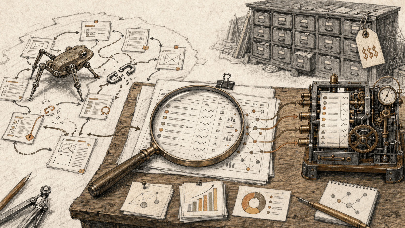 Hand-drawn SEO workbench where a mechanical frog crawler and open data instrument feed a central keyword and backlink analysis lens