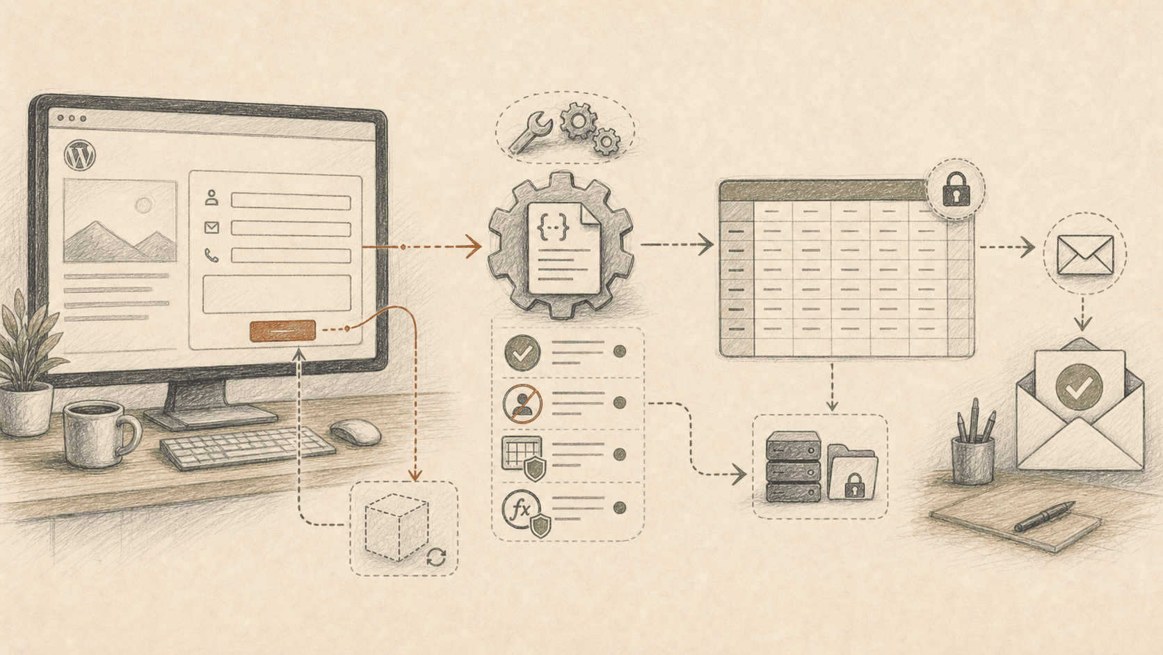 Hand-drawn systems illustration of a plain HTML WordPress form passing through Google Apps Script into a protected Google Sheet and confirmation email