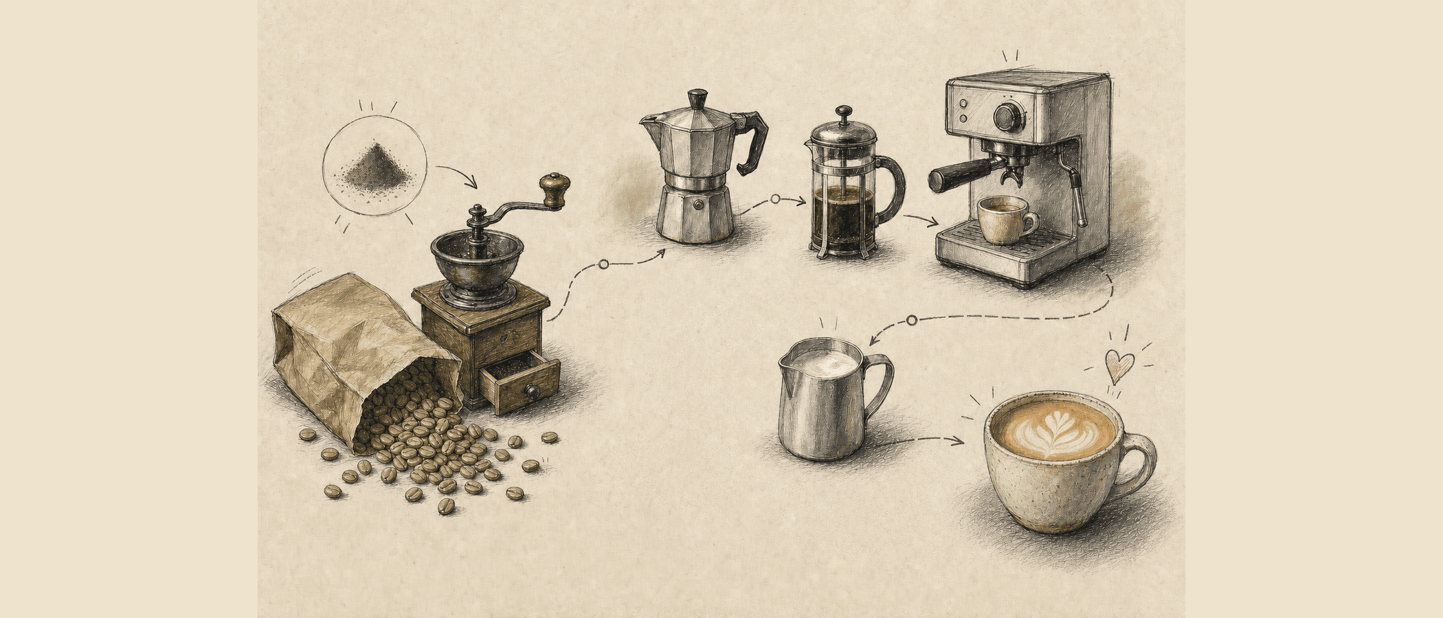 Hand-drawn coffee journey from green beans and a grinder through a moka pot, French press, espresso machine, milk frothing, and a finished cup