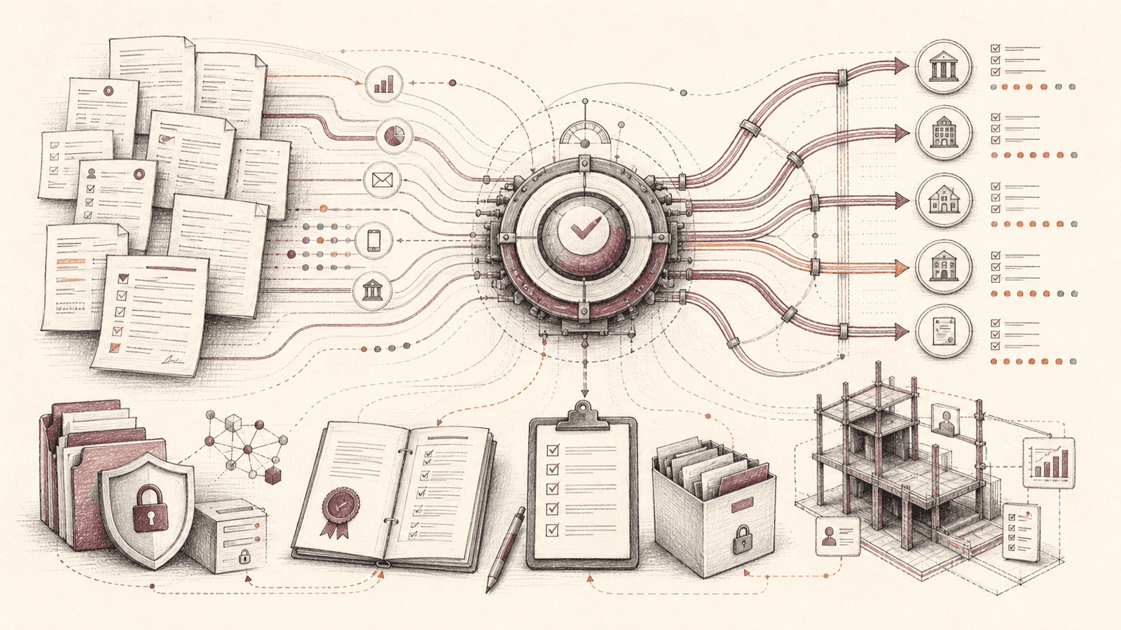 An illustrated decision engine routing application documents through secure provider integrations while a CRM is built