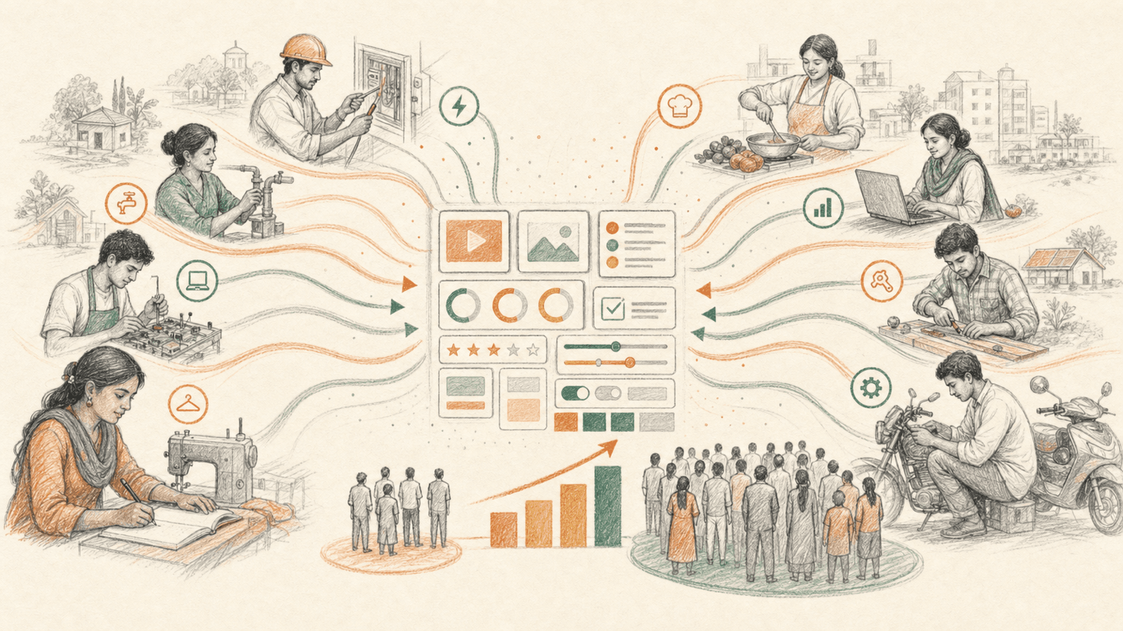 An illustrated learning design system connecting vocational learners across practical skills and devices