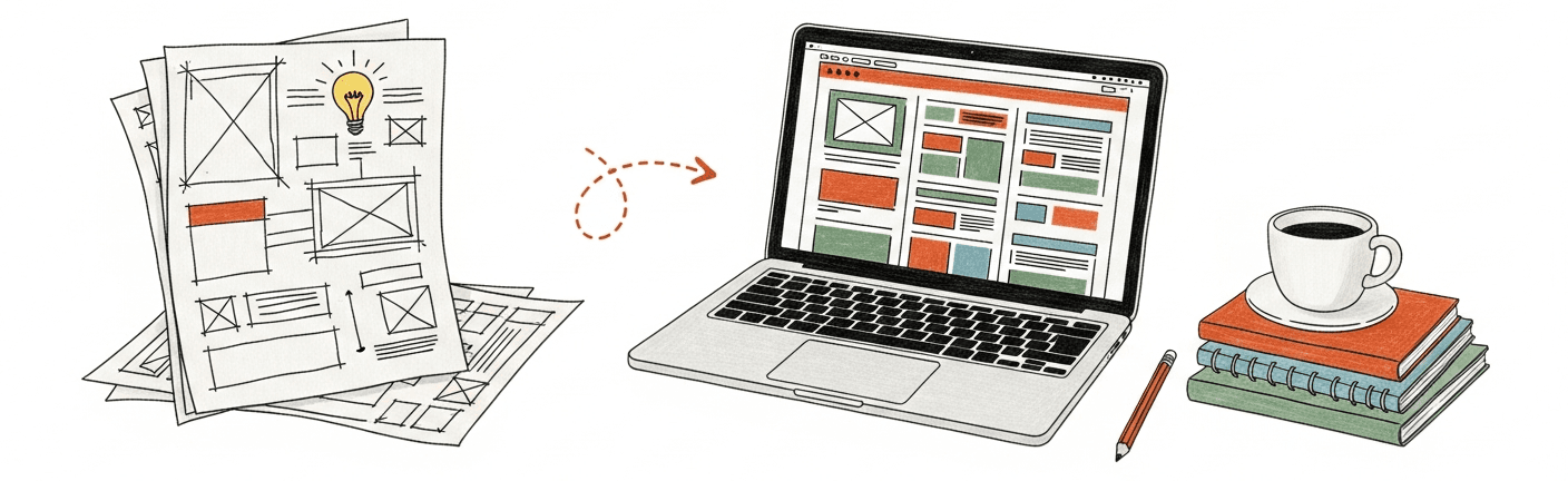 A stack of hand-drawn wireframe sketches connected by a dotted arrow to a laptop showing a finished website